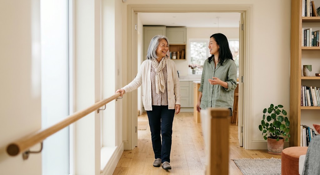 Older woman walking confidently along a hallway with a wooden handrail, chatting with her daughter