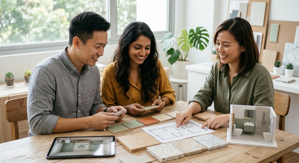 Couple and designer reviewing tile samples, a floor plan and a bathroom model
