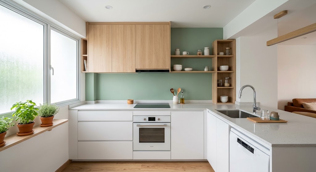 Compact modern kitchen with oak cabinets, sage green wall and white worktop