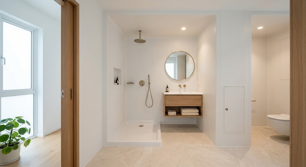 Seamless white prefabricated bathroom pod with walk-in shower, floating oak vanity and round mirror