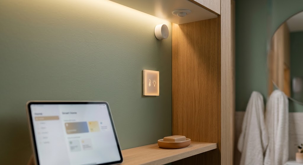 Discreet wall sensor, touch control panel and tablet app in a sage green bathroom