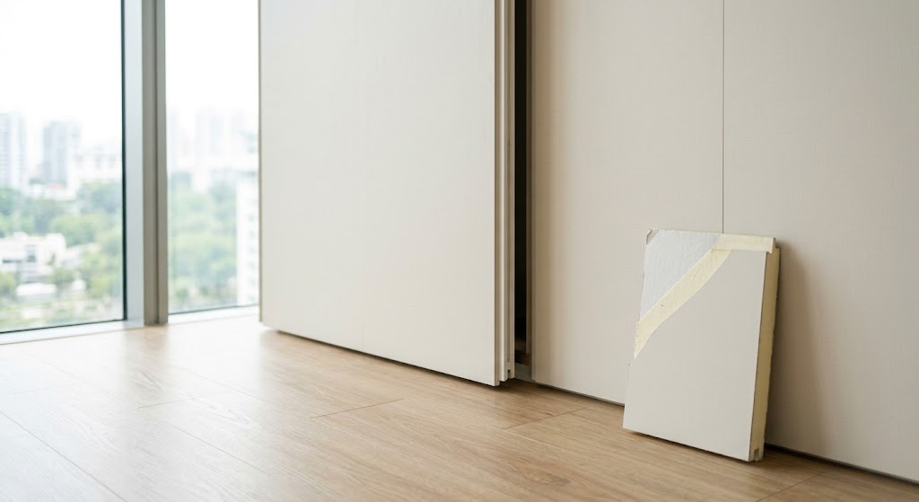 Smooth insulated wall panels and oak-look flooring with a panel cross-section leaning on the wall